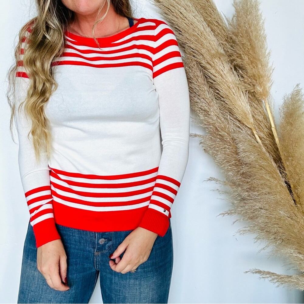 TOMMY HILFIGER Bright Red White Bold Stripe Nautical Preppy Pullover Sweater XS